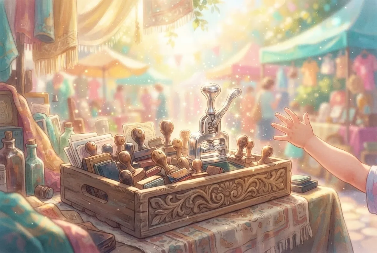 A small silver stamp with a press mechanism gleams in a carved wooden crate at a colorful flea market while a child's hand reaches toward it