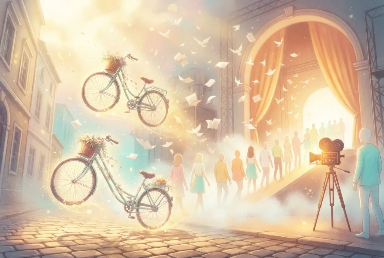 Two floating bicycles with flower baskets above a cobbled street, and a line of people walking toward a glowing film-set entrance with a vintage camera