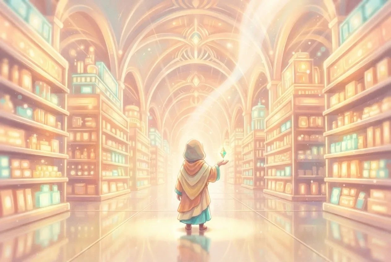 A small hooded figure with a glowing green gem stands in the middle of a shimmering, arched supermarket aisle