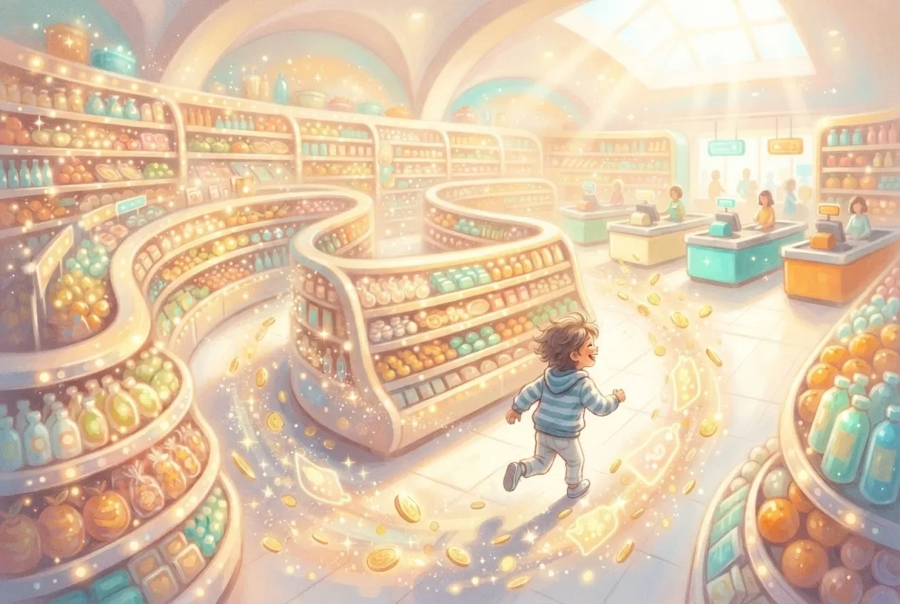 A boy in a striped sweater runs through a curving supermarket while golden coins and glowing receipts swirl behind him