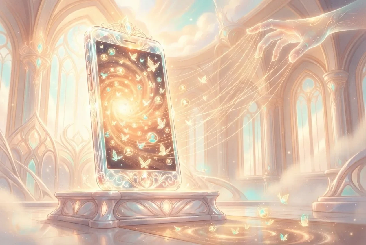 A glowing smartphone on a marble pedestal shows a swirl of butterflies and bubbles while a hand above it draws golden threads
