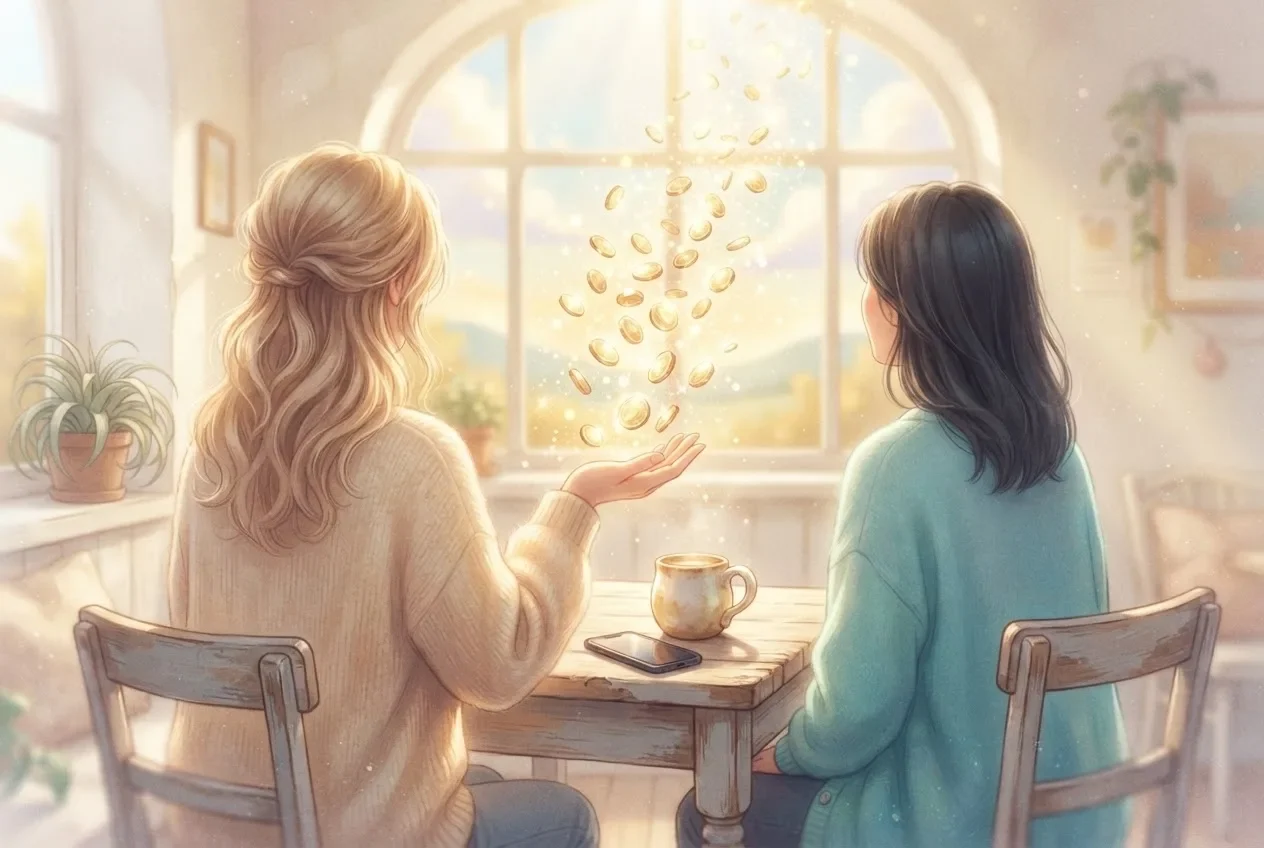 Two women sit at a wooden table by a large arched window, one holding out her palm as golden coins drift upward in the light