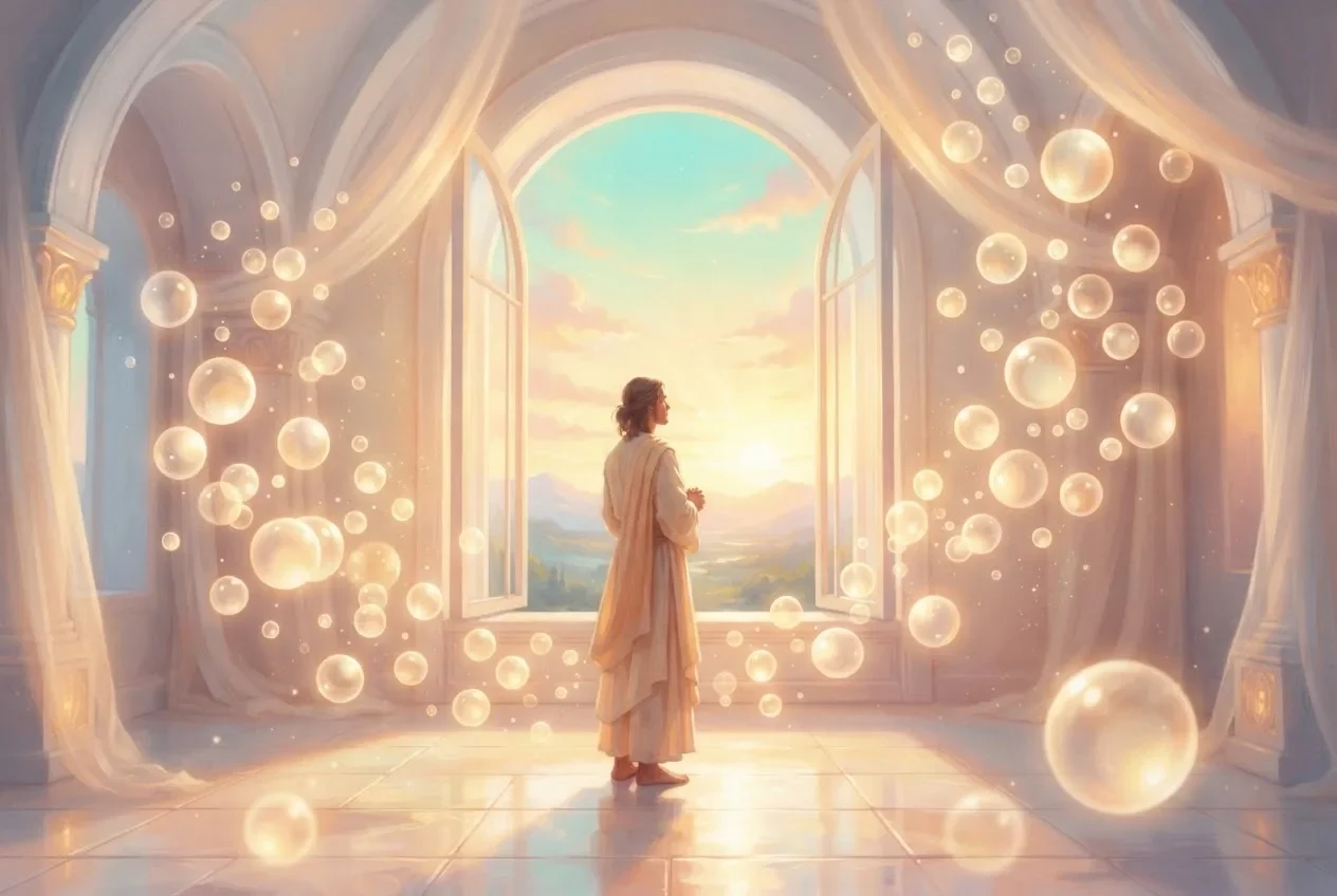 A figure in a pale robe stands at an open arched window at sunrise, surrounded by floating bubbles