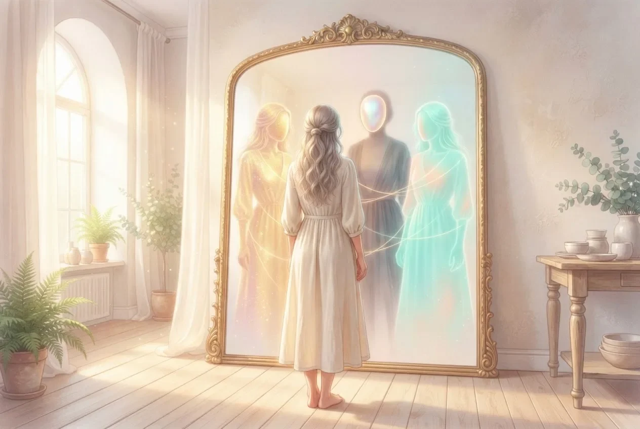 A woman seen from behind stands before a tall gilded mirror that shows three soft glowing figures instead of one reflection