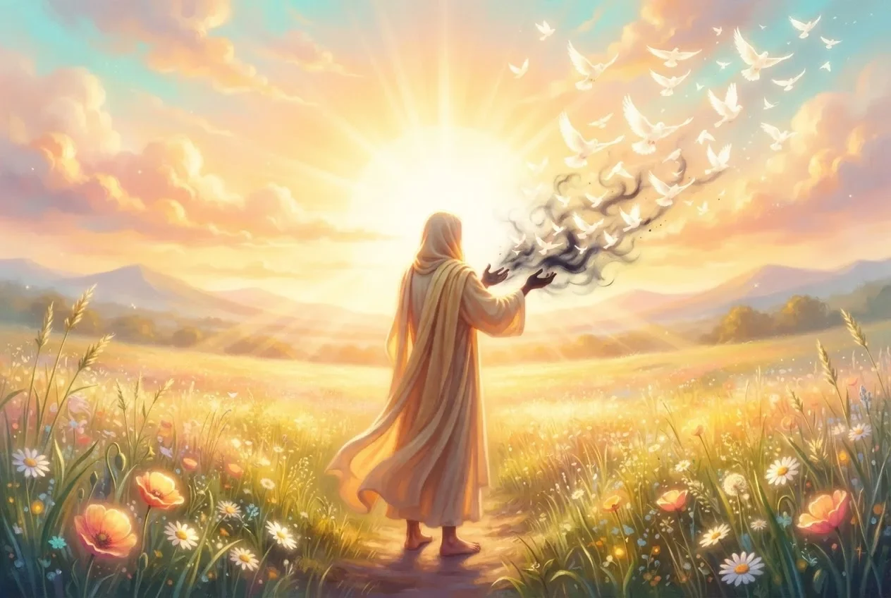 A figure in a golden robe stands in a flower meadow at sunrise as dark smoke turns into white doves