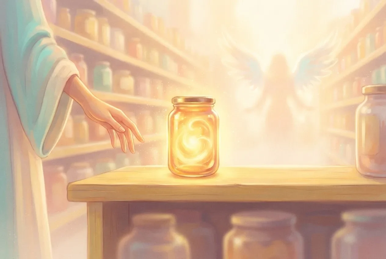 A hand lowers away from a single glowing jar on a shelf while a faint winged figure stands in the misty aisle behind