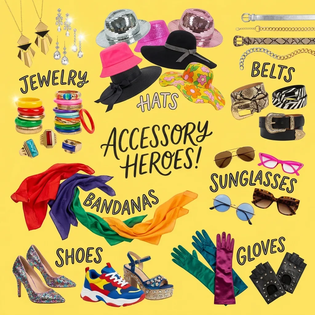 A yellow poster of accessories: jewelry, hats, belts, sunglasses, bandanas, shoes and gloves
