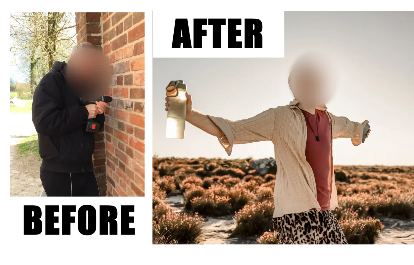 Before and after: a man in a dark jacket drilling into a brick wall, next to a man with outstretched arms in a light shirt on a golden heath at sunrise
