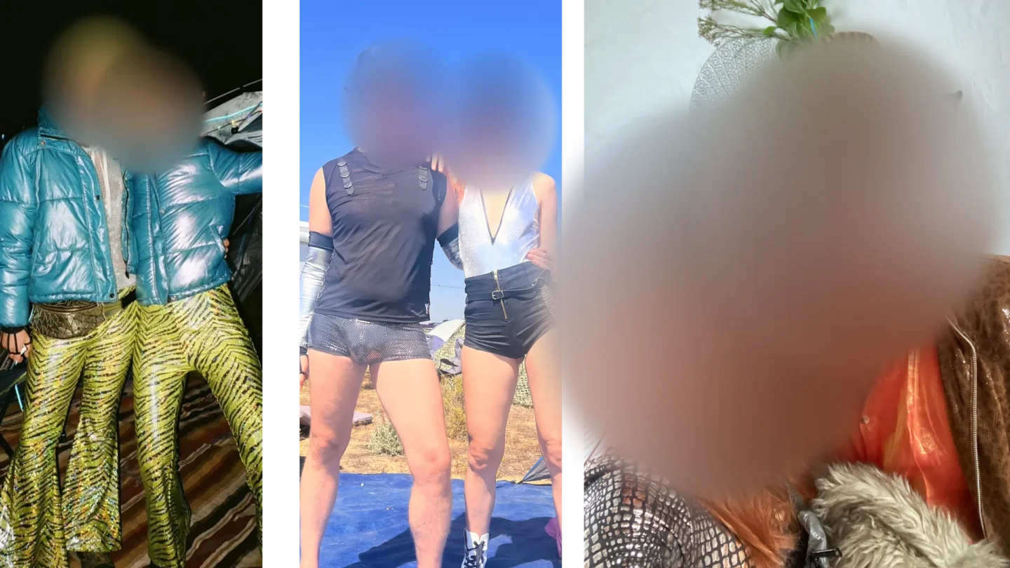 Three festival snapshots side by side: a couple in glittering zebra-print flares and teal puffer jackets, a pair in black and silver on a blue tarp, and two people in cowboy hats and shimmering jackets