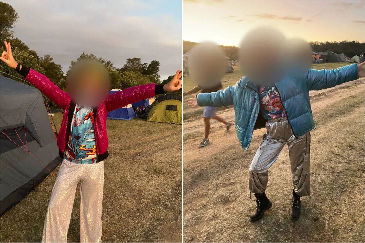 Two festival snapshots at sunset: a person in a magenta jacket, a neon bucket hat and sparkling trousers with arms raised, and a person in a teal puffer jacket and silver trousers with arms wide, their faces softly blurred