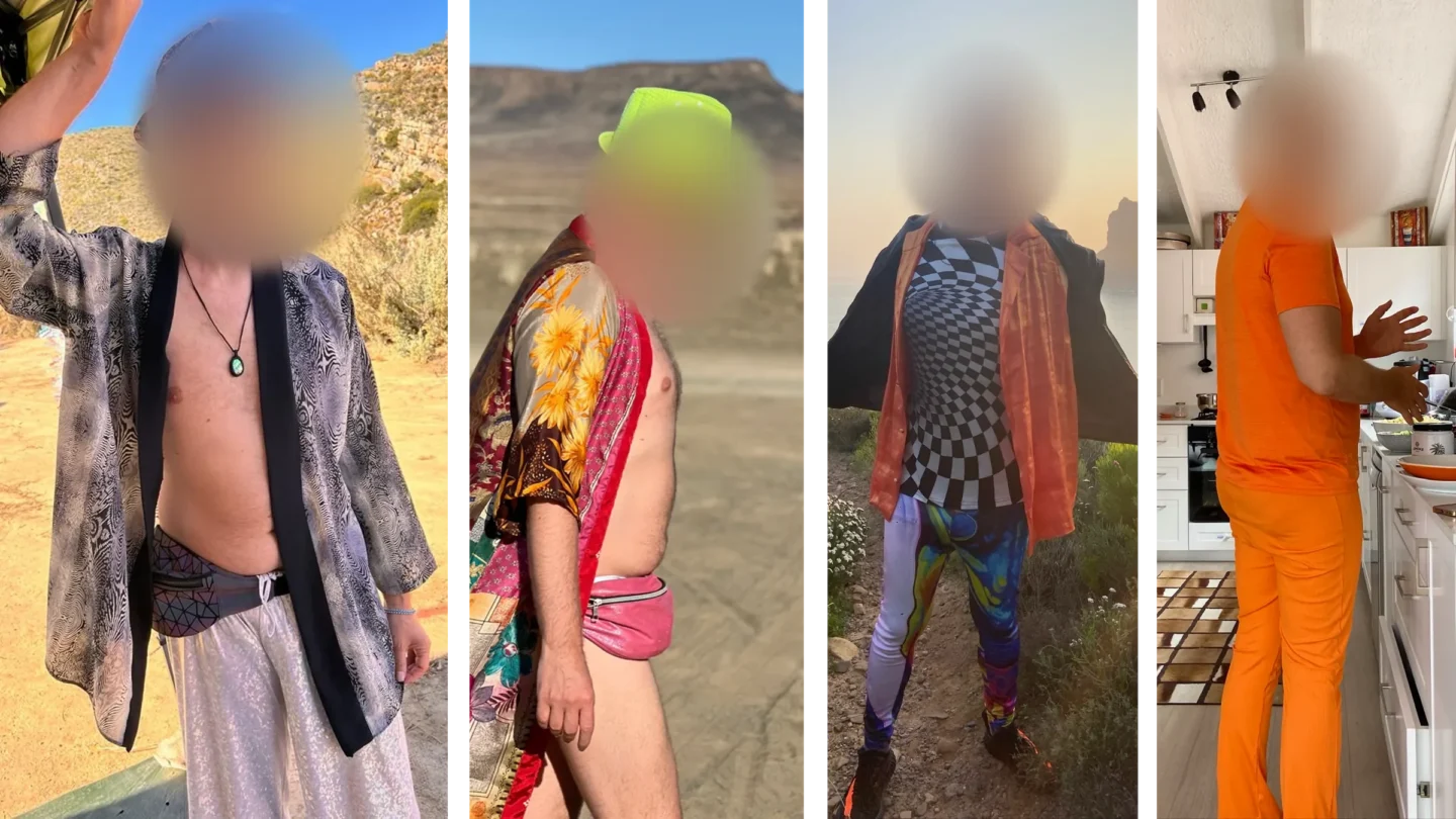Four portraits in colorful outfits: a man in sunglasses and a patterned hat on a hillside, a man in a neon bucket hat and flowery scarf, a man in an optical-illusion top at sunset, and a man in a bright orange outfit in a kitchen