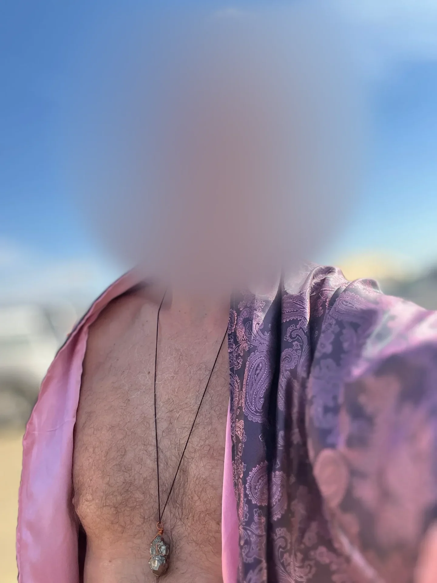 A man in a shimmering rose and violet kimono looks up into a blue sky, his face softly blurred