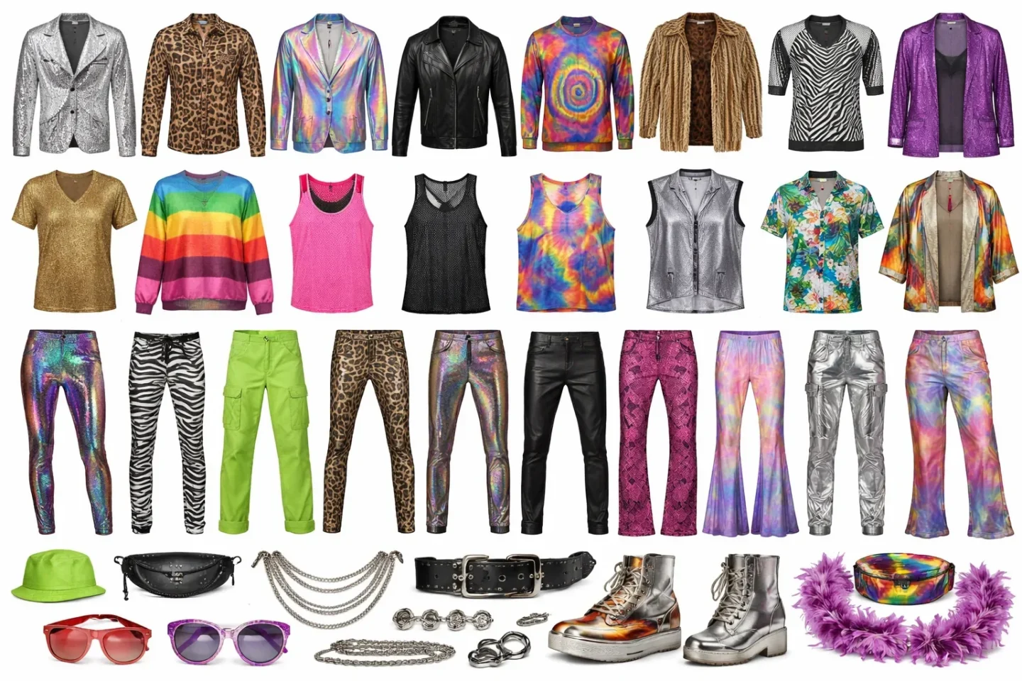 A grid of style ideas: metallic and animal-print jackets, rainbow and tie-dye tops, holographic and leopard trousers, a neon bucket hat, sunglasses, chains, belts, silver boots and a purple feather boa