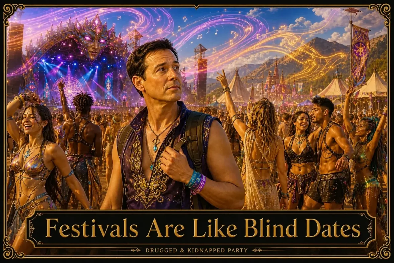 A man in a festival vest looks around a crowded desert festival, stages glowing behind him, titled “Festivals Are Like Blind Dates”