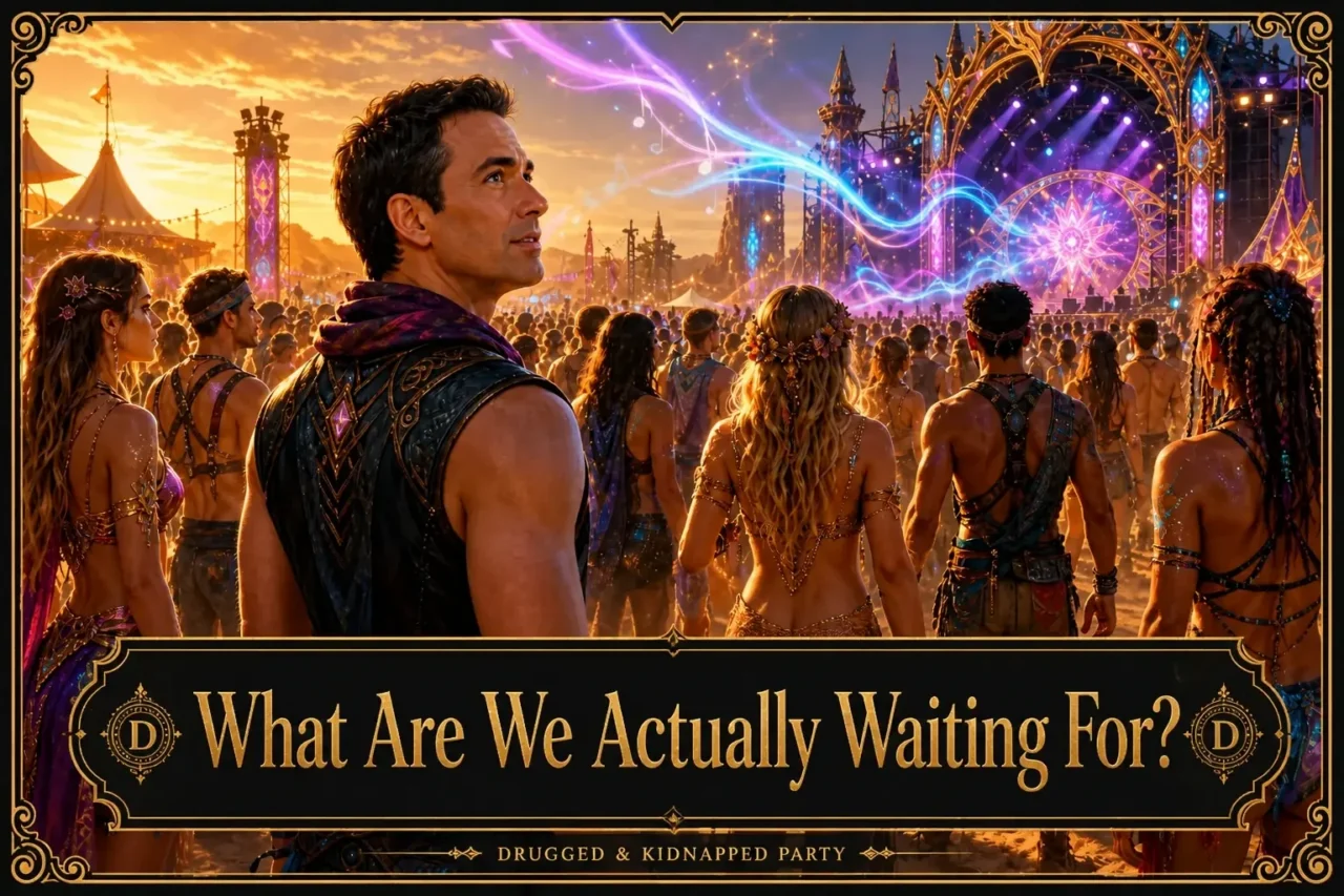 A man looks up at a glowing festival stage above a dancing crowd at sunset, titled “What Are We Actually Waiting For?”