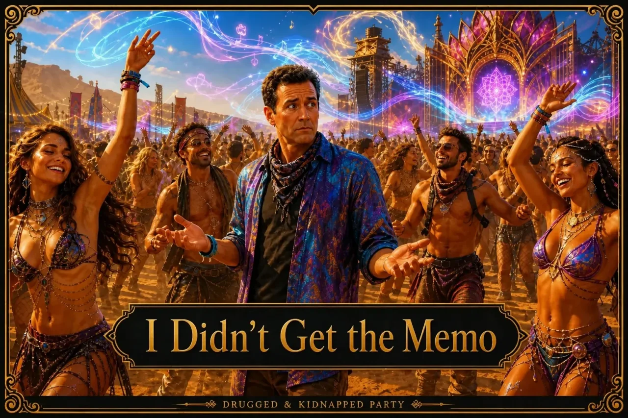 A puzzled man stands among ecstatic dancers at a desert festival, titled “I Didn’t Get the Memo”