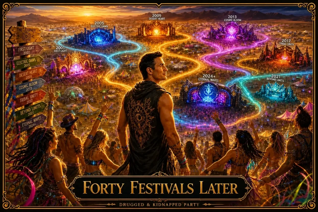 A man looks out over a desert full of festival stages linked by glowing paths, titled “Forty Festivals Later”