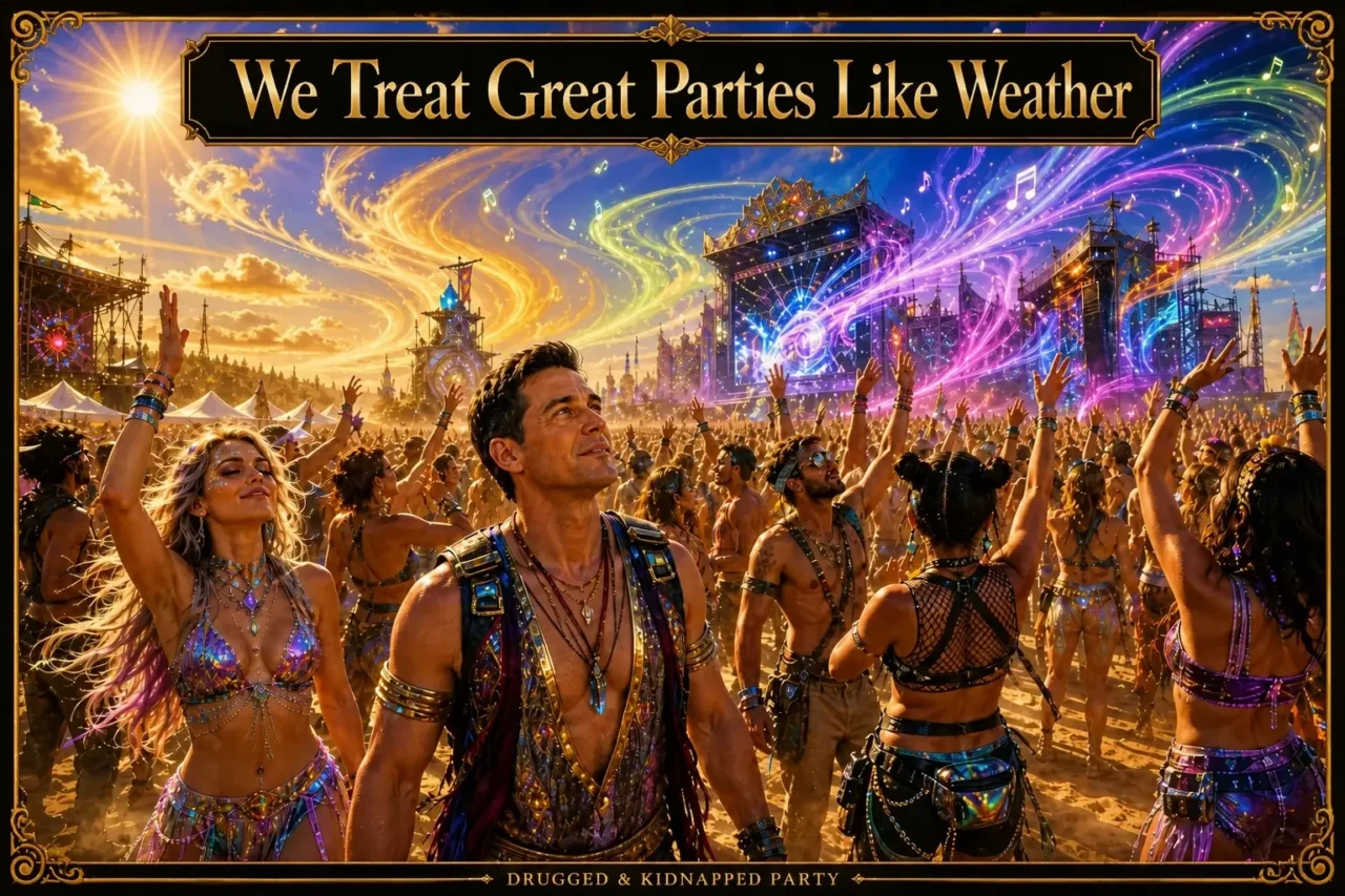 A man gazes at a dramatic sky above a dancing festival crowd, titled “We Treat Great Parties Like Weather”