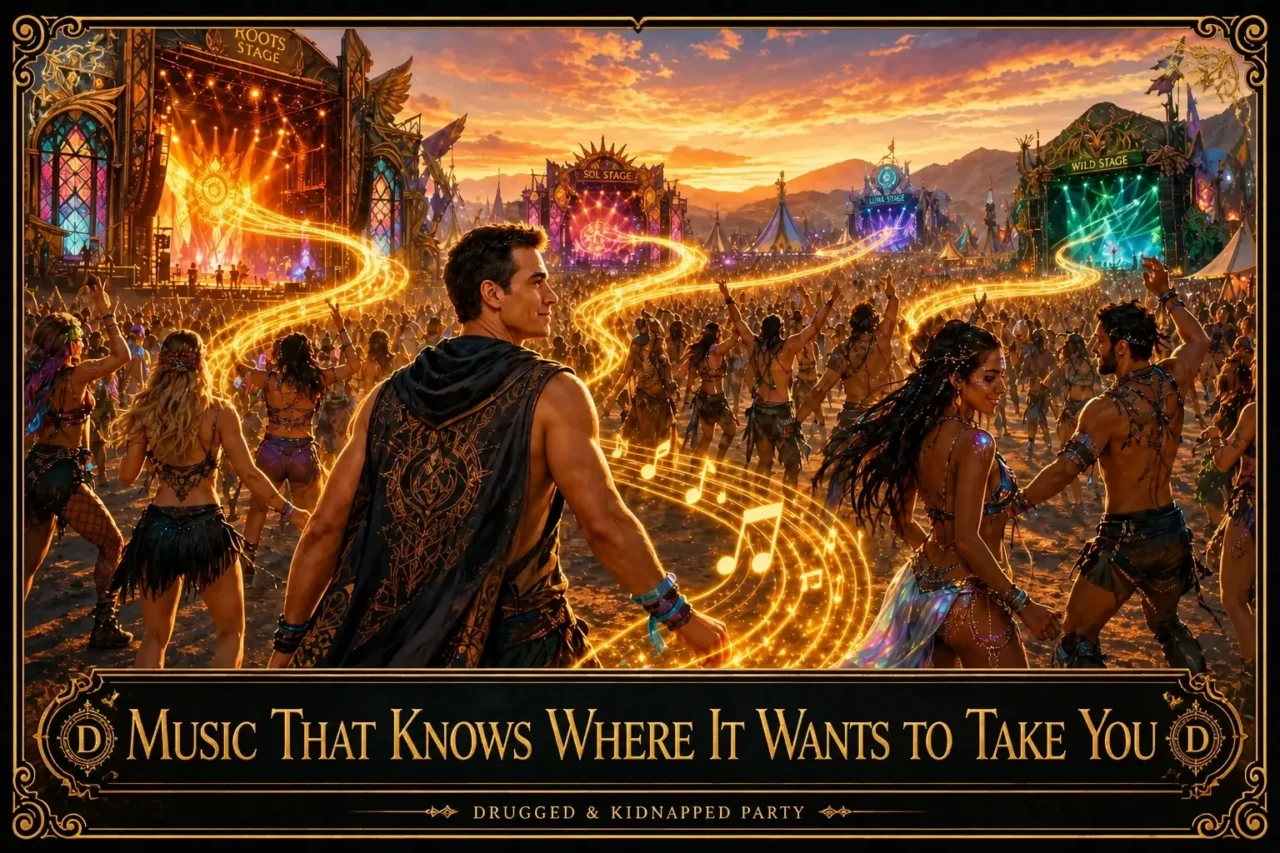 A man follows a golden ribbon of music notes across a festival ground towards a stage, titled “Music That Knows Where It Wants to Take You”