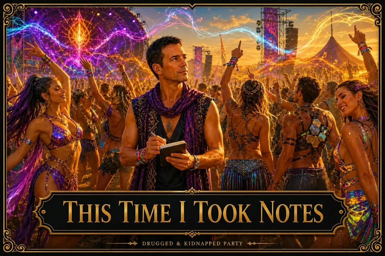 A man writes in a notebook while dancers celebrate around him, titled “This Time I Took Notes”