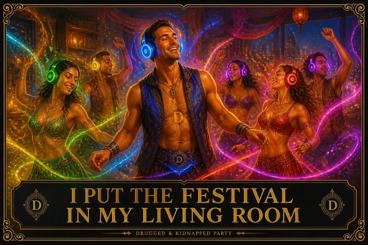 People with glowing green, blue and red headphones dance in a living room turned festival, titled “I Put the Festival in My Living Room”