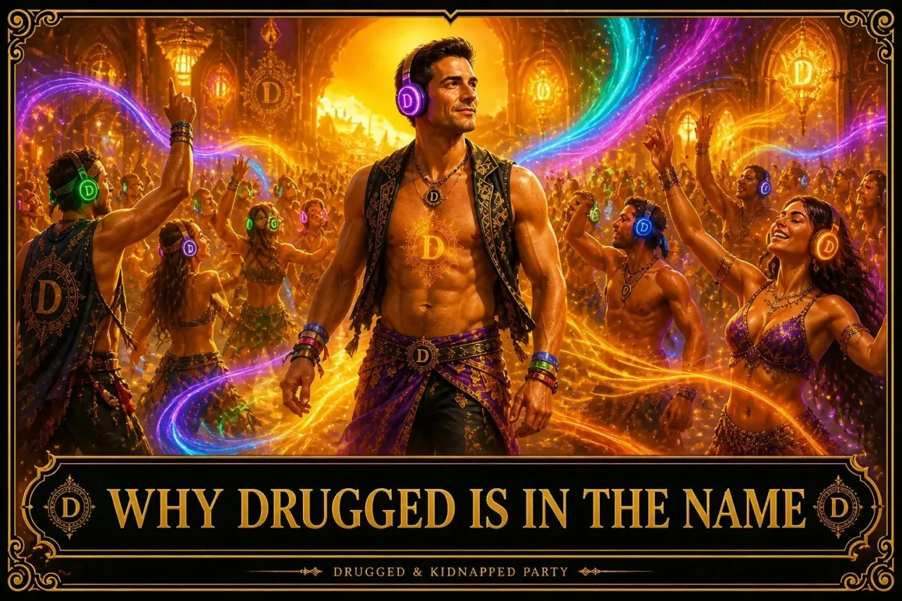 Dancers with glowing tattoos and headphones swirl in golden light, titled “Why Drugged Is in the Name”