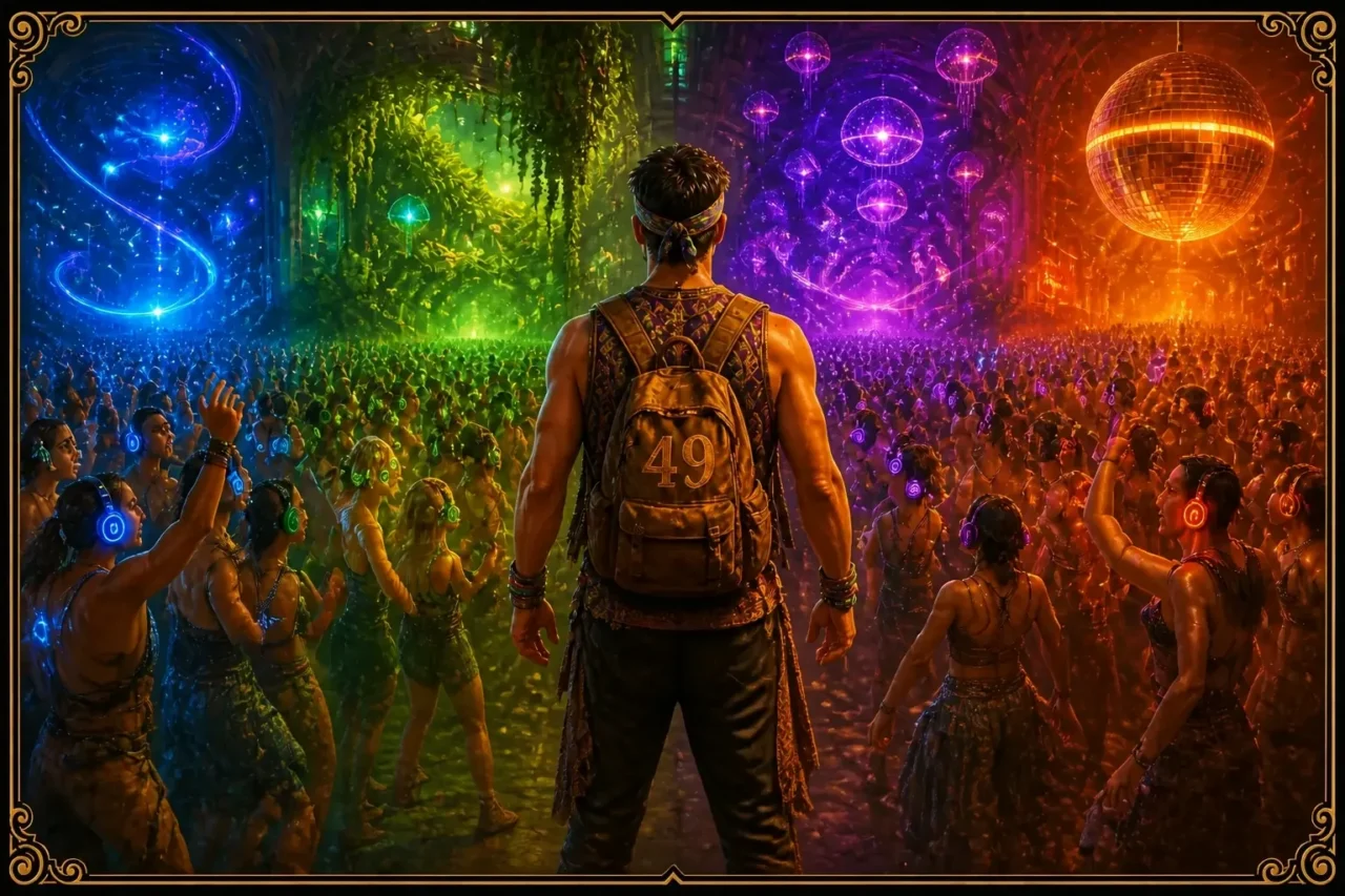 A man with a backpack walks into a party split into blue, green and orange worlds, titled “So This Is a Drug Party With Extra Steps”