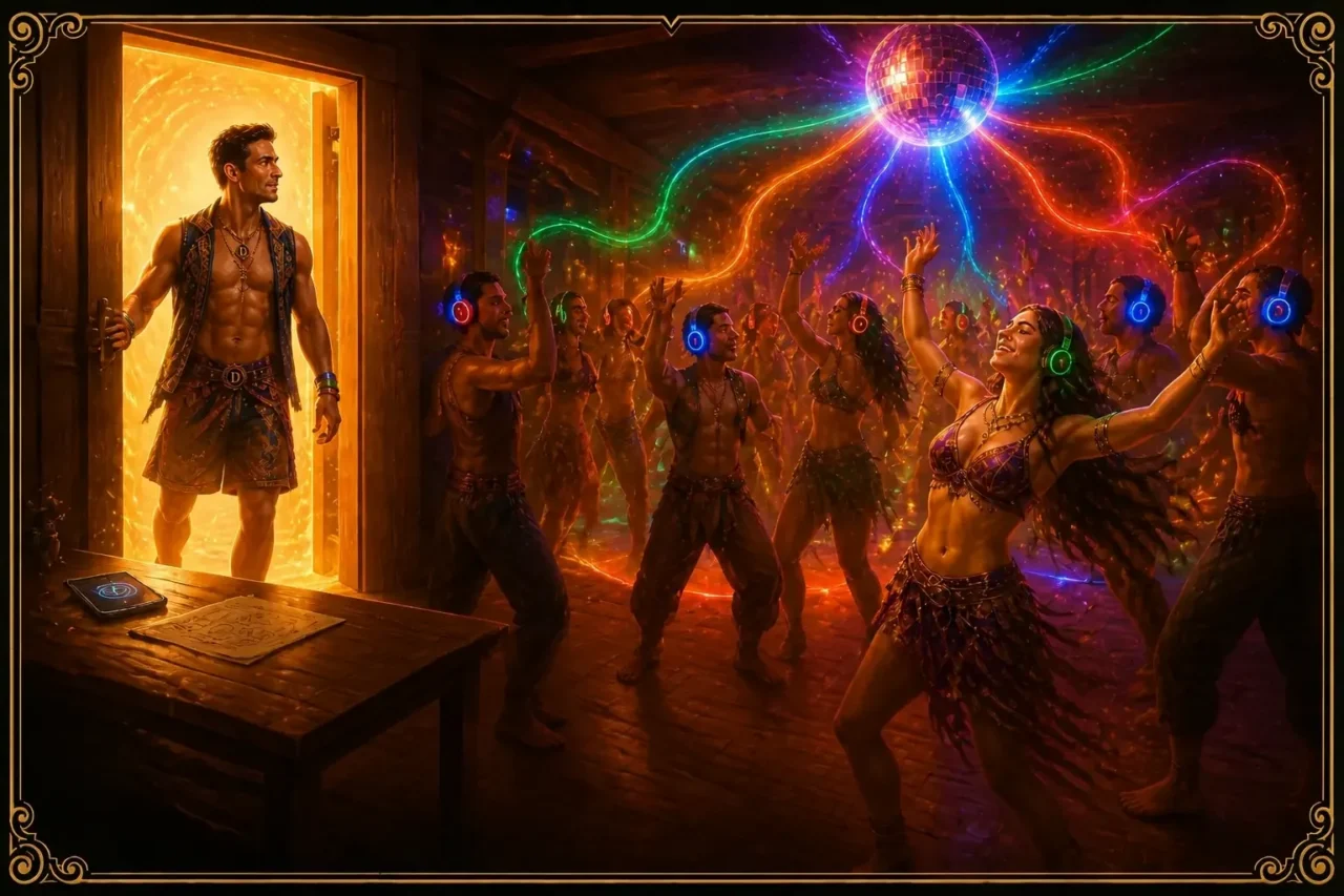 A man steps through a glowing doorway into a room of dancers with red and green headphones, titled “Why Kidnapped Matters Just as Much”