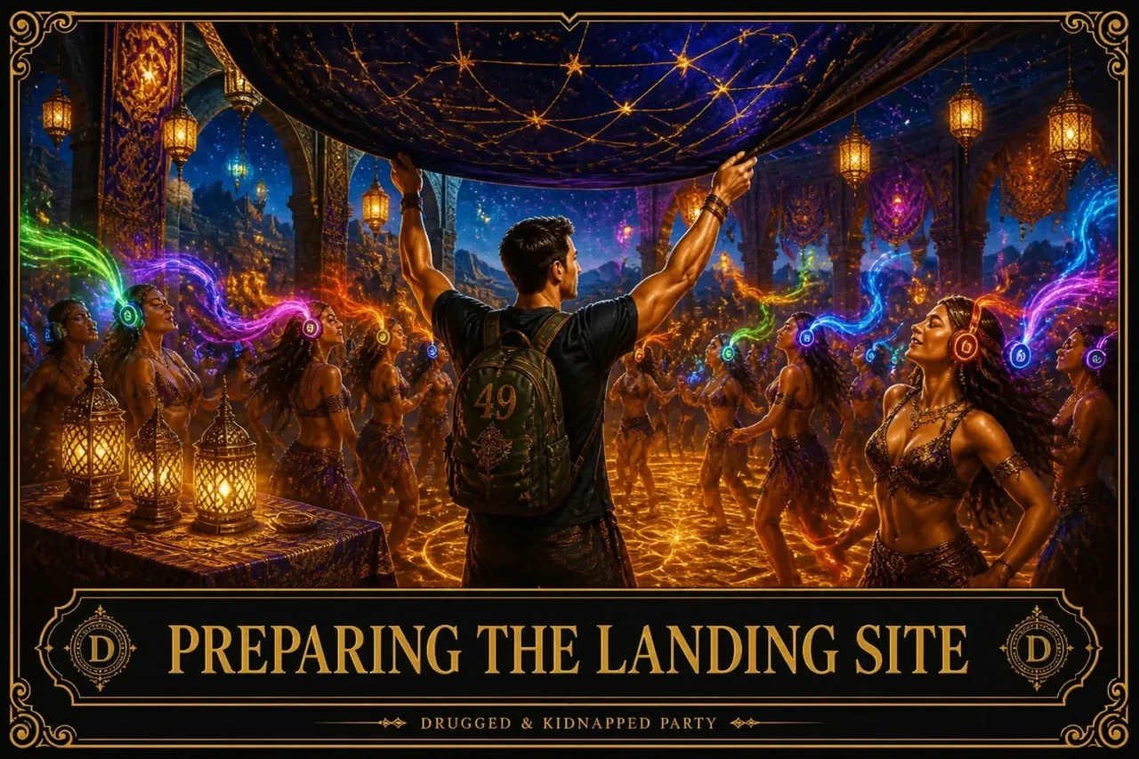 A man hangs lanterns in a living room filling with dancers in glowing headphones, titled “Preparing the Landing Site”