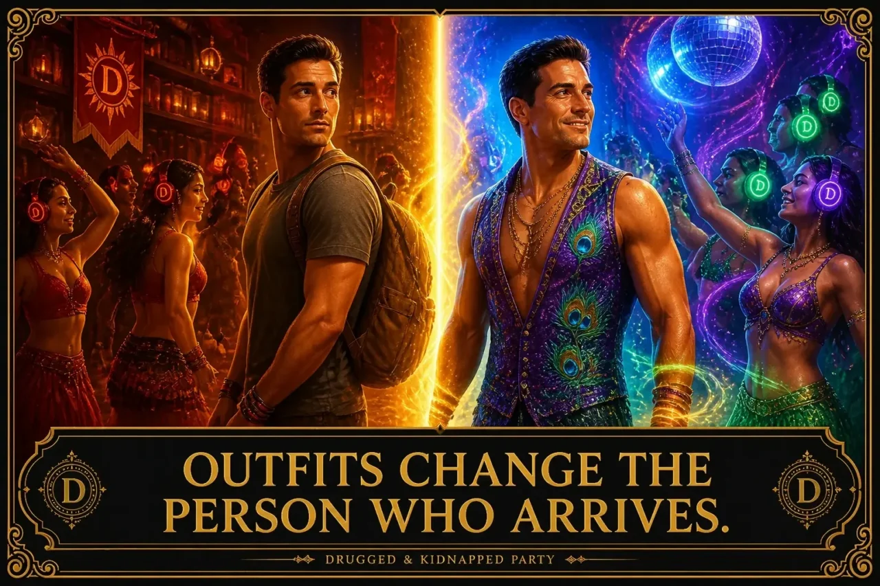 The same man shown twice, once in a plain T-shirt and once in a sparkling peacock jacket, titled “Outfits Change the Person Who Arrives”