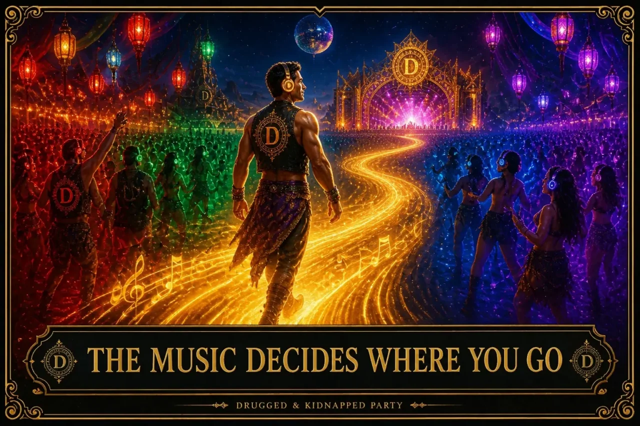 Dancers move through red, green and blue light as music swirls around them, titled “The Music Decides Where You Go”