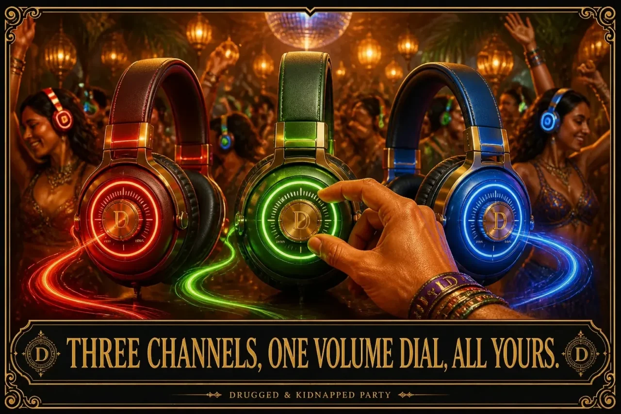 Three glowing headphones in red, green and blue float above a dancing crowd and a large volume dial, titled “Three Channels, One Volume Dial, All Yours”