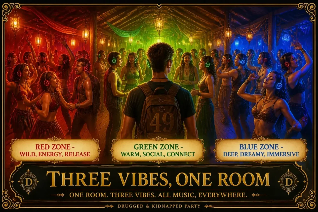 Illustrated map of one room split into a red, a green and a blue zone, each with its own dancers and mood, titled “Three Vibes, One Room”
