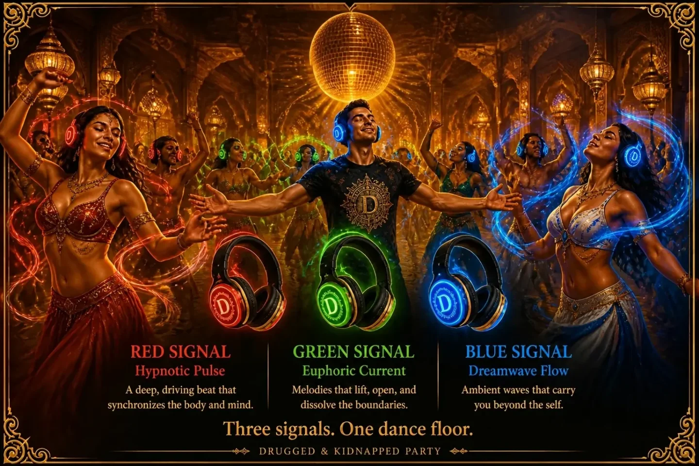Dancers in red, green and blue light around three headphones marked red, green and blue signal, titled “The D Signal”