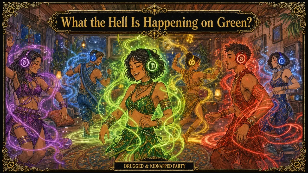 A woman in green light dances at the centre of a room where others glow purple, blue and red, titled “What the Hell Is Happening on Green?”