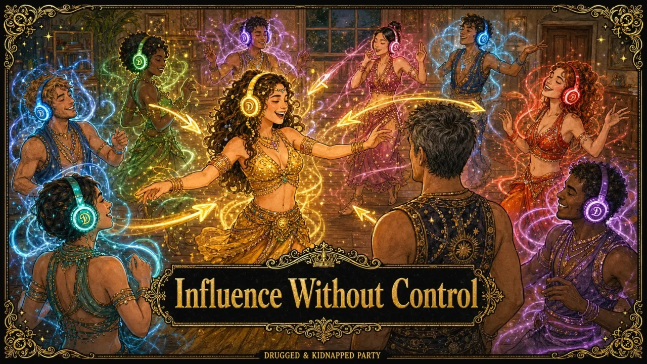 Dancers with different coloured headphones turn towards a woman glowing in gold, titled “Influence Without Control”
