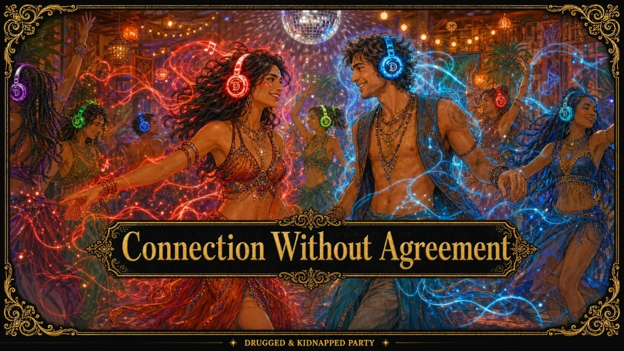 A woman in red and a man in blue dance side by side, each in their own colour, titled “Connection Without Agreement”