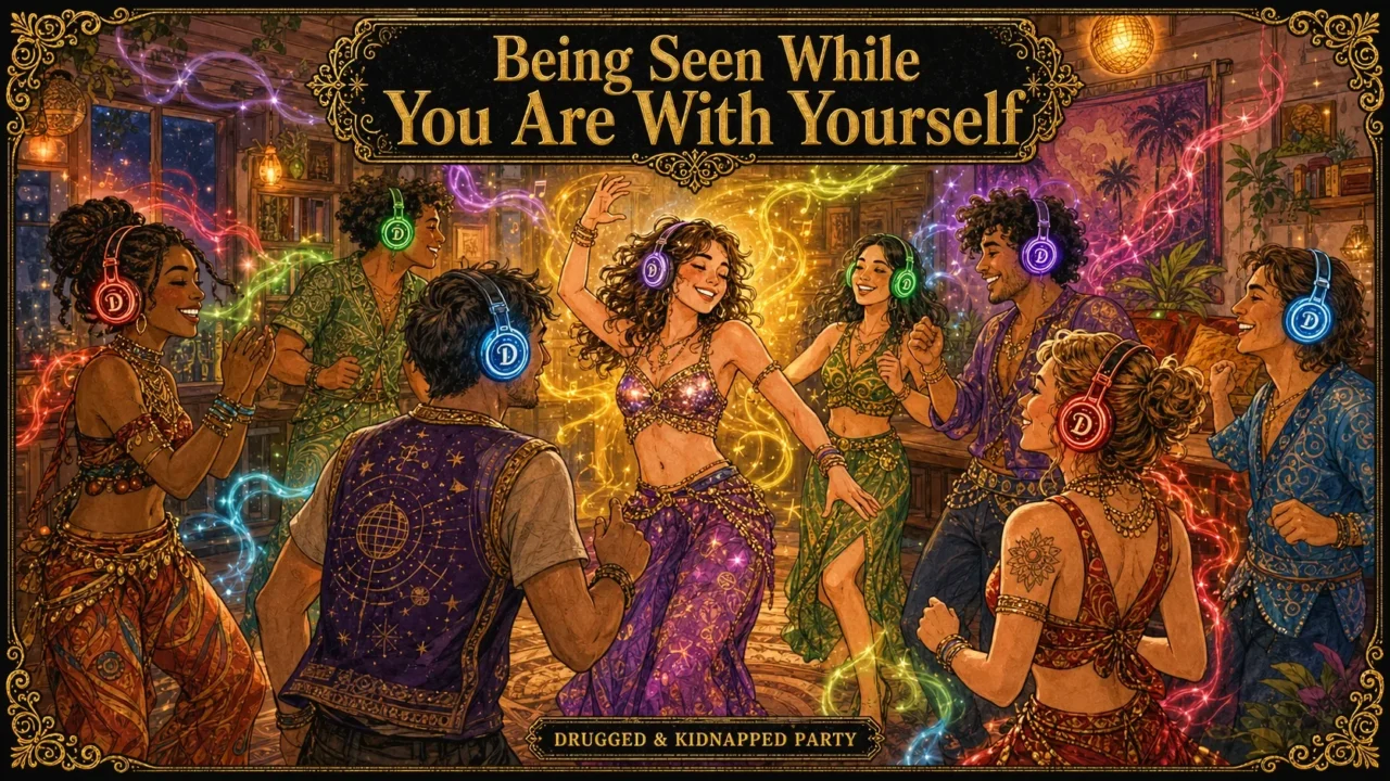A woman dances with closed eyes while others watch warmly, titled “Being Seen While You Are With Yourself”