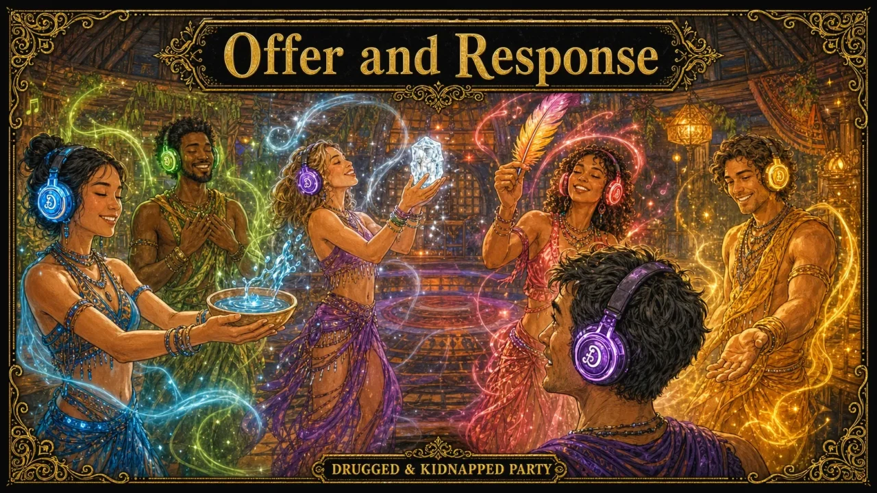 A woman lifts a glowing ice crystal while a feather is held out nearby, titled “Offer and Response”
