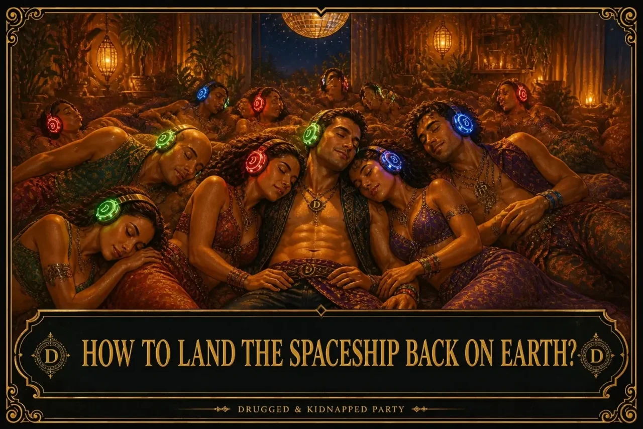 People lie close together on cushions in soft fading light, their headphones glowing red, green and blue, titled “How to Land the Spaceship Back on Earth?”