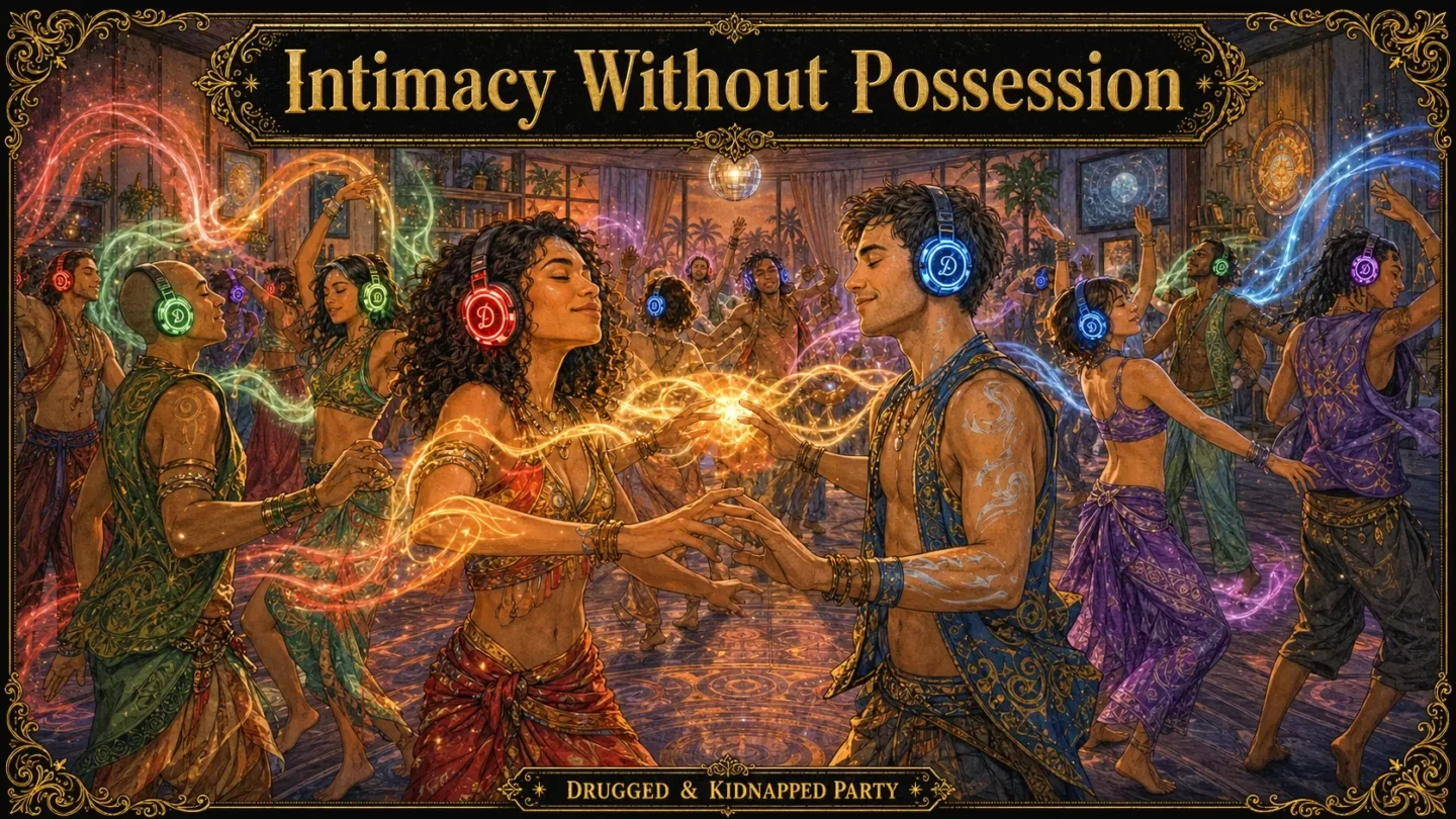 Two dancers face each other in a golden glow, each with their own headphones, titled “Intimacy Without Possession”