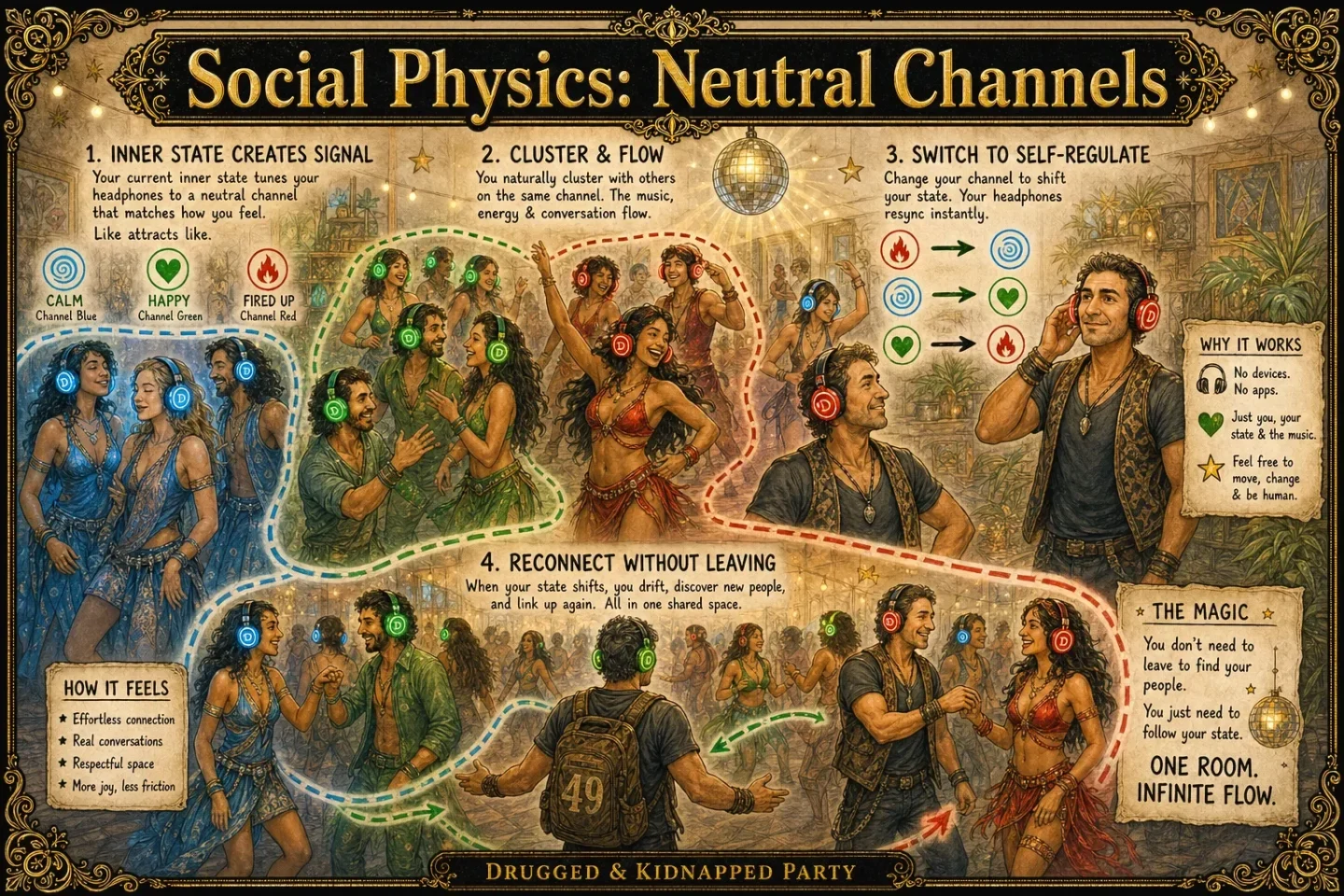 Illustrated guide showing dancers drifting between blue, green and red channels, titled “Social Physics: Neutral Channels”