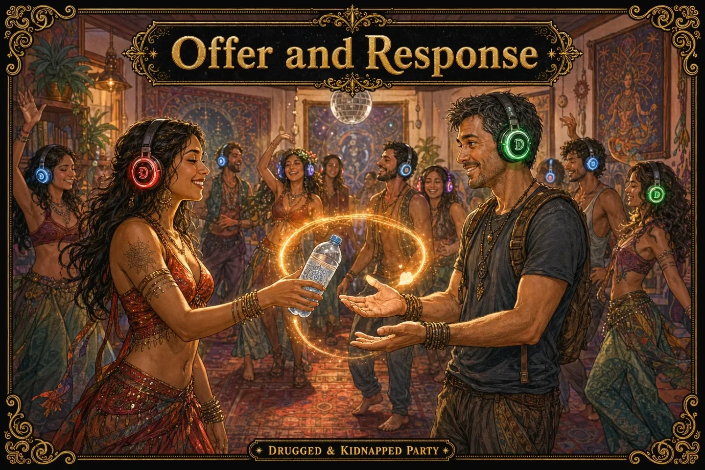 A woman hands a bottle of water to a smiling man as a ring of light forms between them, titled “Offer and Response”